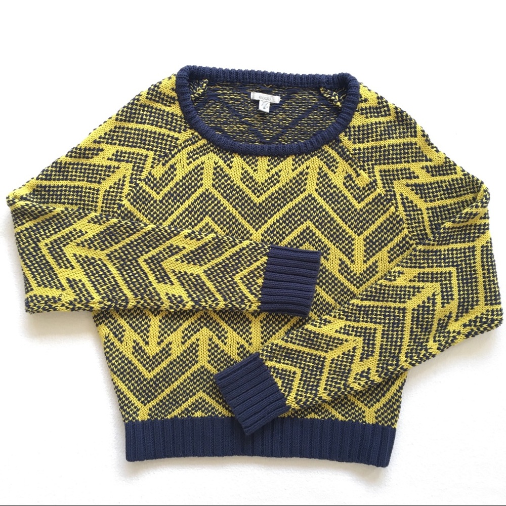 Ecote Navy, Yellow Knit Chevron Pattern Sweater